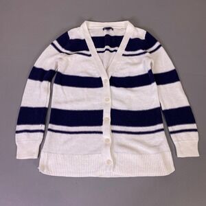 Gap Cardigan Sweater Women's Medium Linen Cotton Striped Navy Blue White V-Neck*